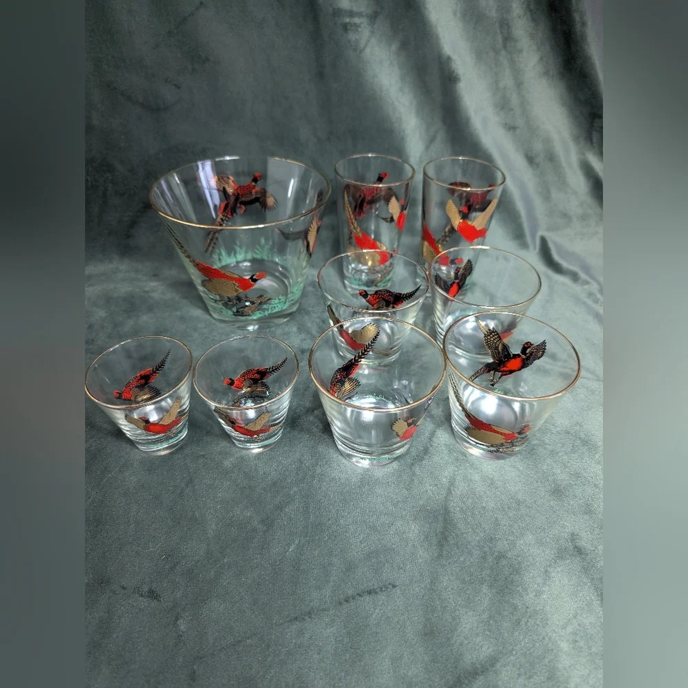Hazel Atlas Pheasant VINTAGE Ice Bucket & Cocktail Glasses MCM Glass